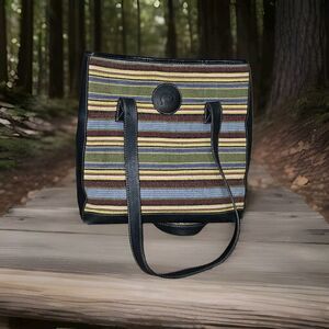 Born Shoulder Bag Purse/Tote Large Navy Leather & Woven Striped Southwest Boho